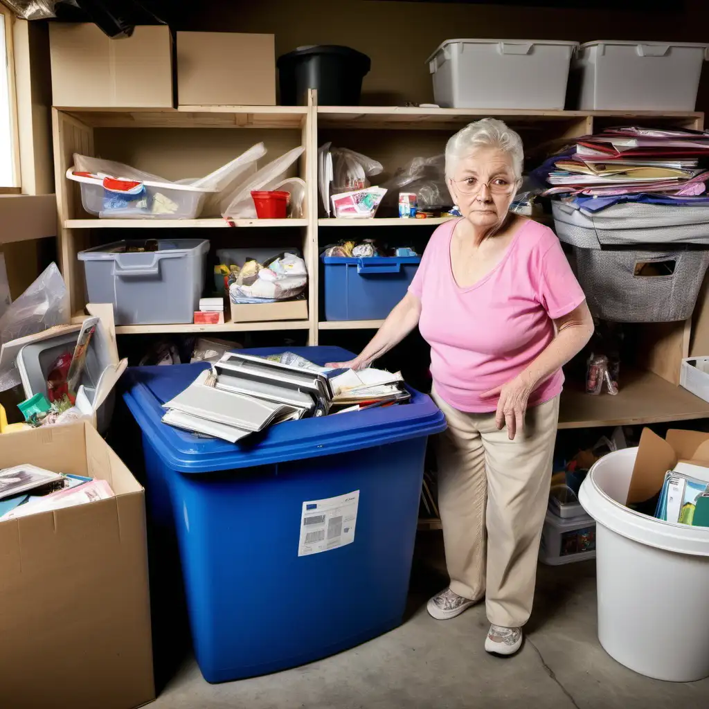 Senior woman standing in garage with clutter.Plastic bin is in her hand. Boxes and household items and discarded family junk fill the shelves  behind her. Bins filled with photos, etc sre in the foregraound at right side.