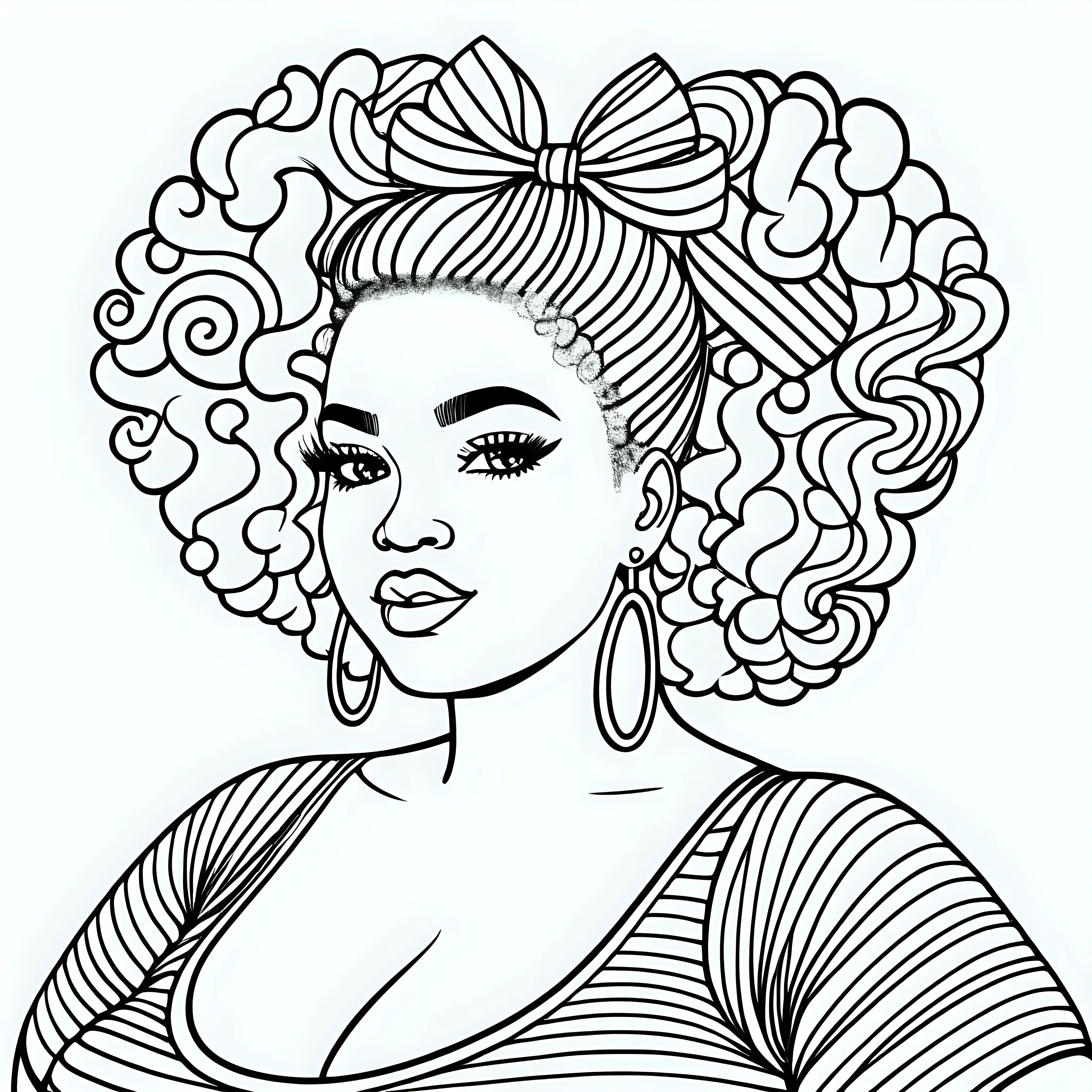 black and white line drawing of curvy plus size black woman with candy hair accessories, lisa frank style