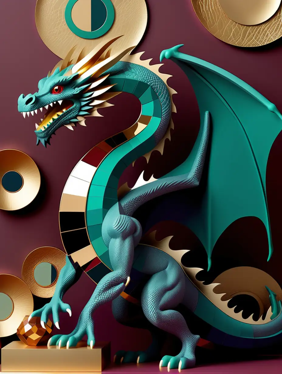 Craft a dragon pattern that exudes a sense of adventure, sophistication, and contemporary elegance. Utilize a minimalist aesthetic with clean lines and a bold color palette featuring rich jewel tones and metallic accents. Experiment with digital collage techniques to create a layered effect, taking cues from the eclectic style of artist Mickalene Thomas."