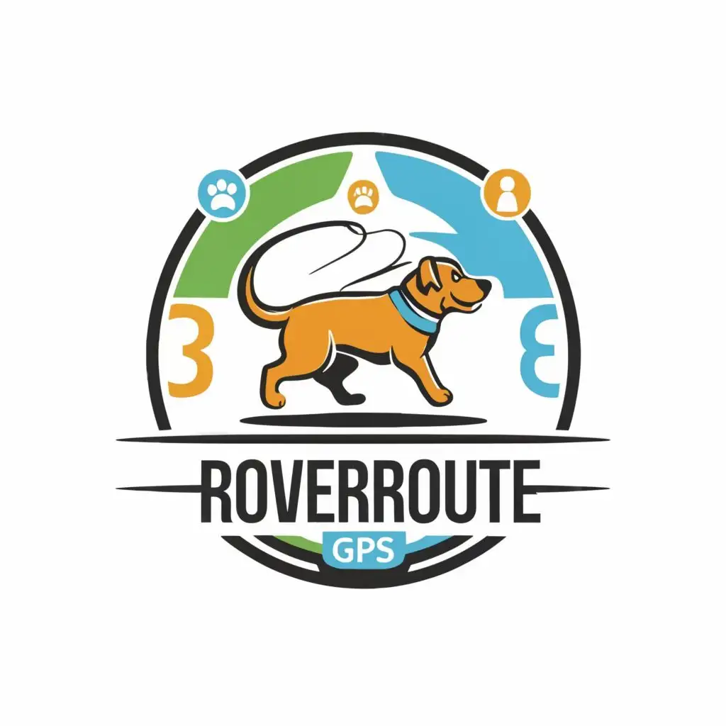 logo, A playful illustration of a dog or cat walking along a route marked by GPS waypoints., with the text "RoverRoute GPS", typography, be used in Animals Pets industry