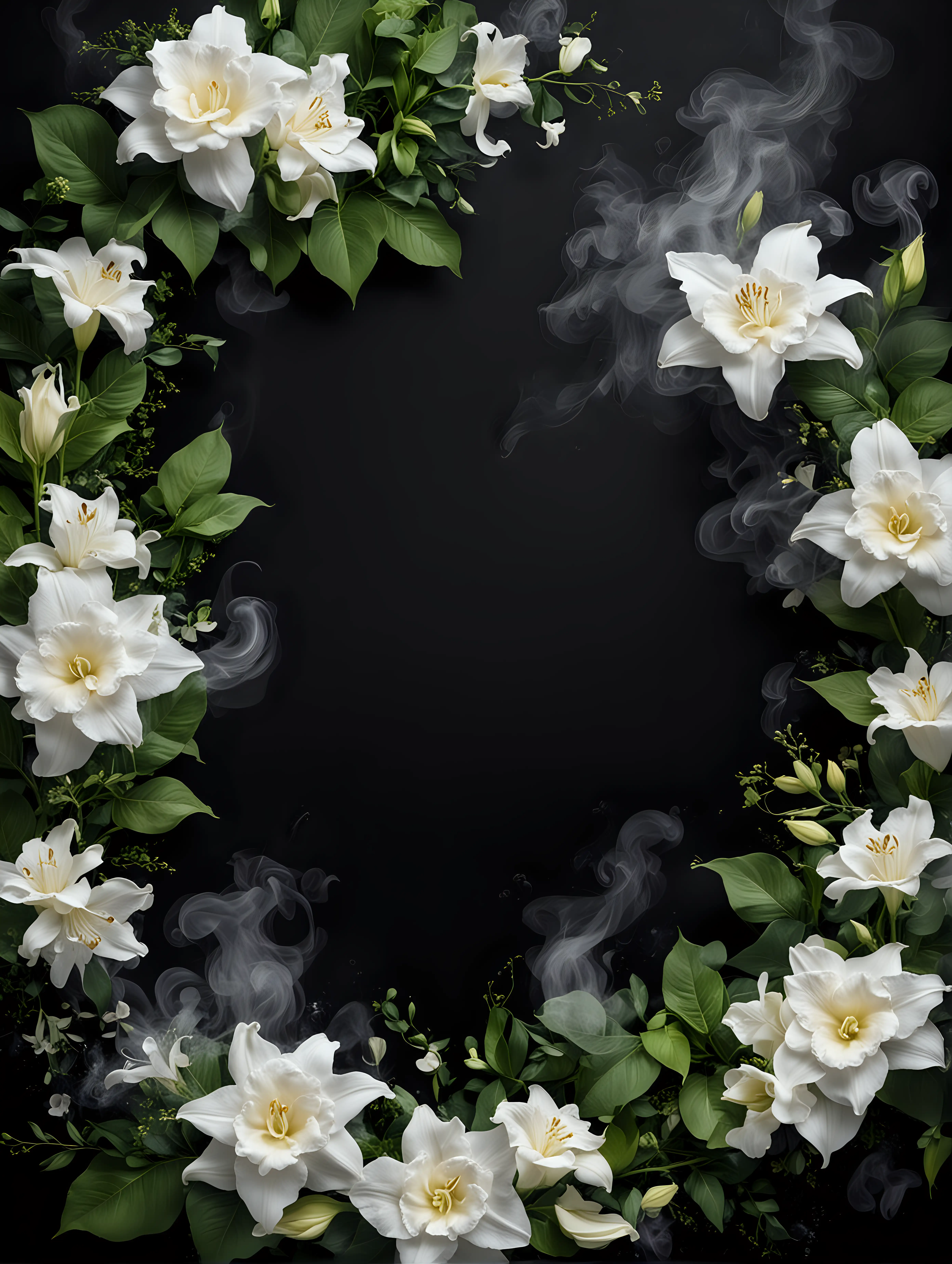 black solid background, floating smoke arranged in various shapes, in the smoke float flowers of white roses, lilies, ivy leaves, orchids