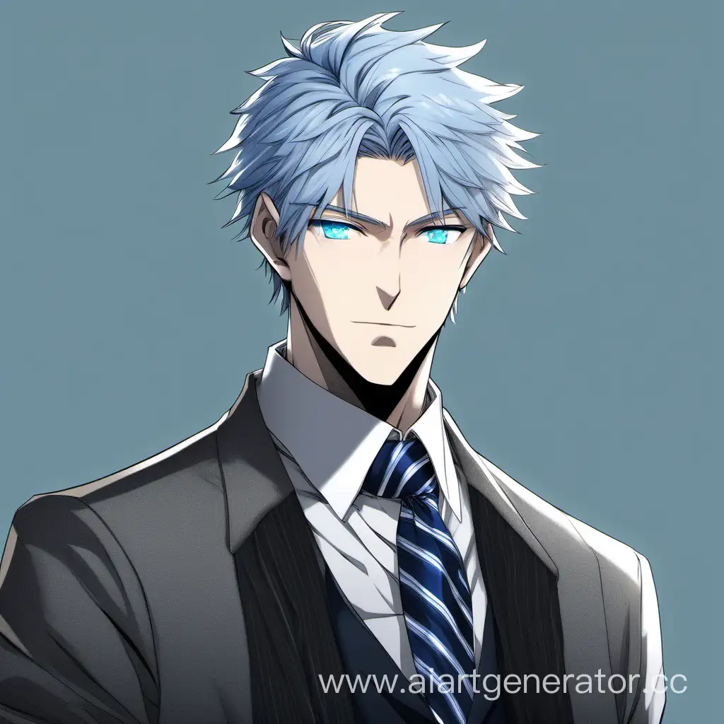 Высокий парень с пепельными волосами, английской внешности. Голубые глаза, чёрная безрукавка и галстук в сине-серебристую полоску. 