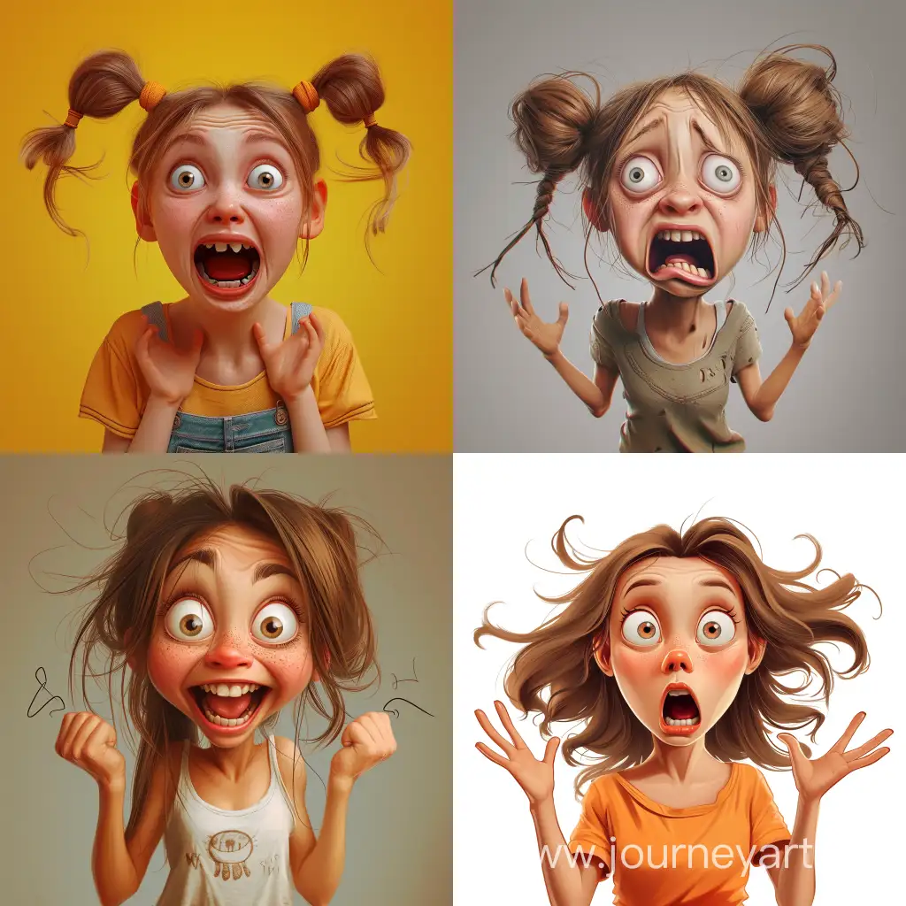  a realistic funny image  of a girl with exaggerated facial expressions and gestures Use the style of realistic.