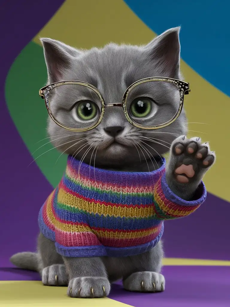 Серый милый котенок в стиле мем в 3D на которого надета красивая цветная футболка, у него большие зеленые глаза на которые одеты большие очки  и он смотрит на меня, одна лапа поднята вверх как будто он говорит привет
