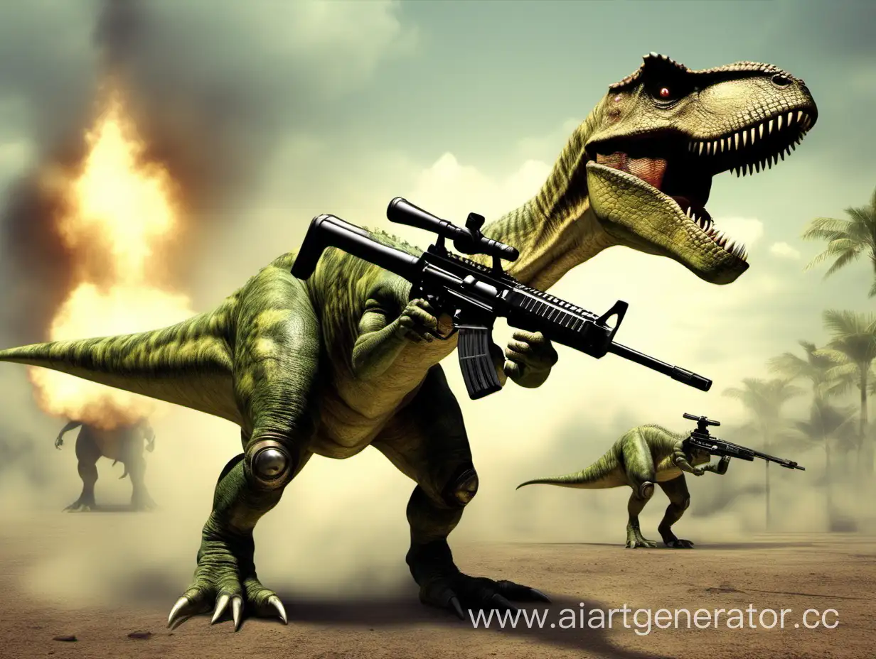 Динозавр стреляет пулемётами вместо передних лап