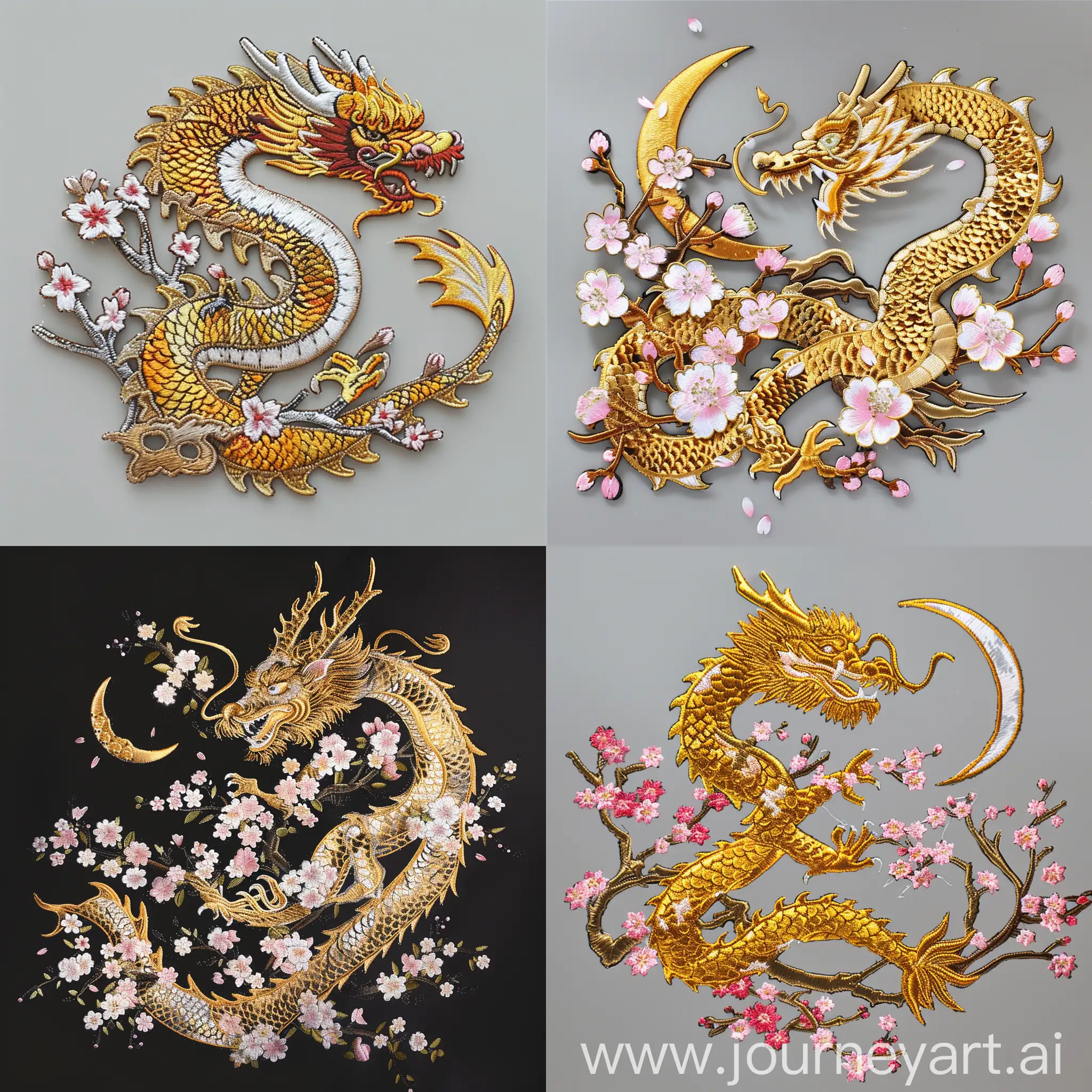 Golden Dragon, Crescent Moon, Cherry Blossoms, embroidered patch, transparent background