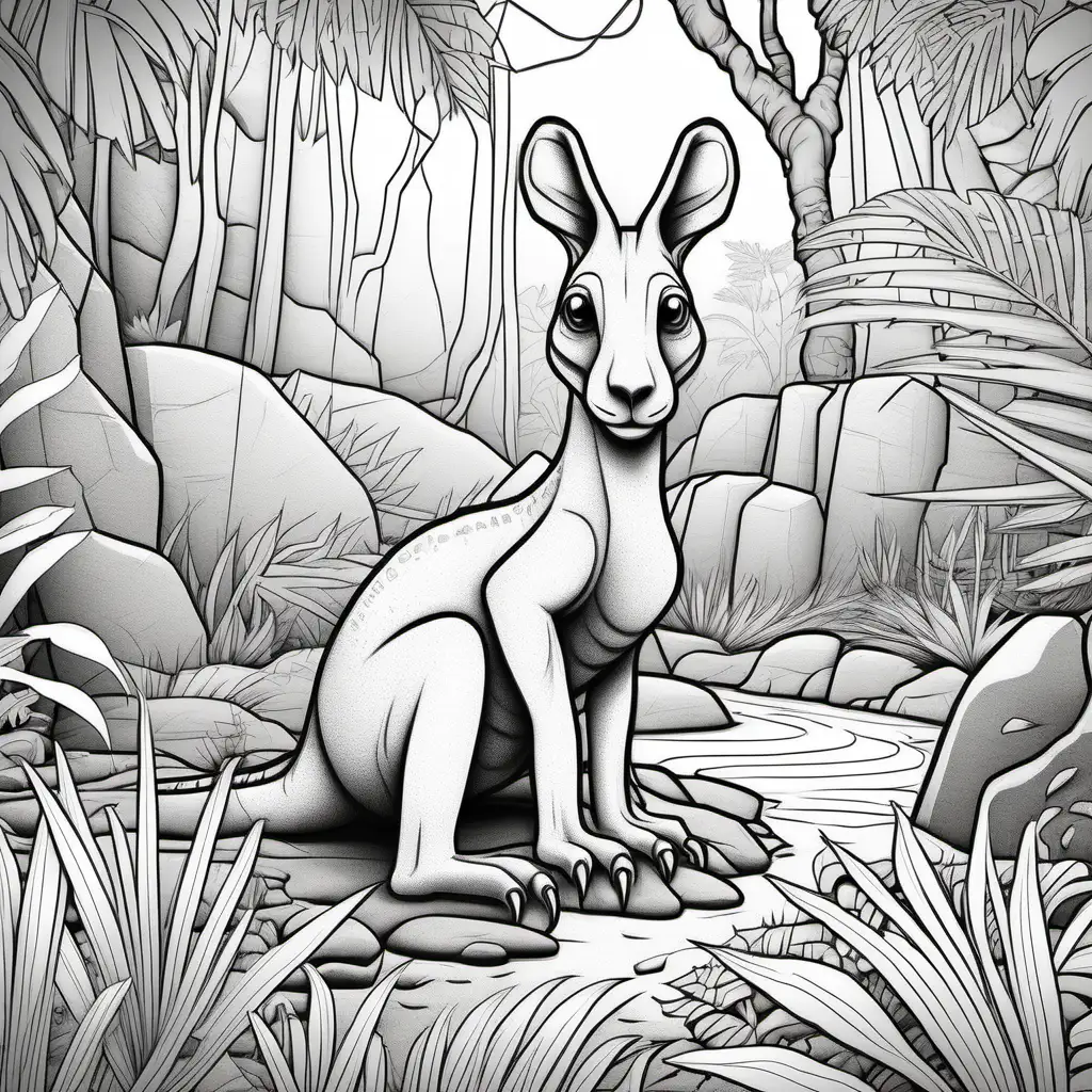/imagine colouring page for kids, Jungle rocks with interesting textures around Kangaroo Rex, thick lines, low details, no shading --ar 9:11