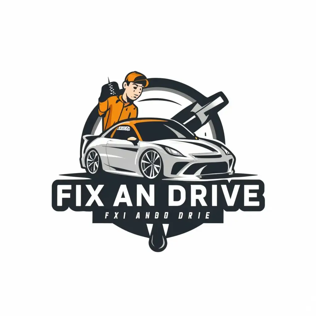 a logo design,with the text "fix and drive", main symbol:mechanic fixing a fast car,Minimalistic,be used in Automotive industry,clear background