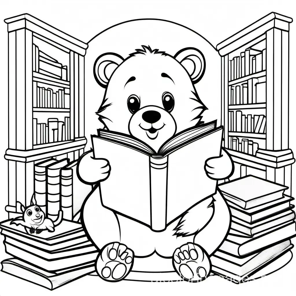 animals reading books, Coloring Page, black and white, line art, white background, Simplicity, Ample White Space. The background of the coloring page is plain white to make it easy for young children to color within the lines. The outlines of all the subjects are easy to distinguish, making it simple for kids to color without too much difficulty