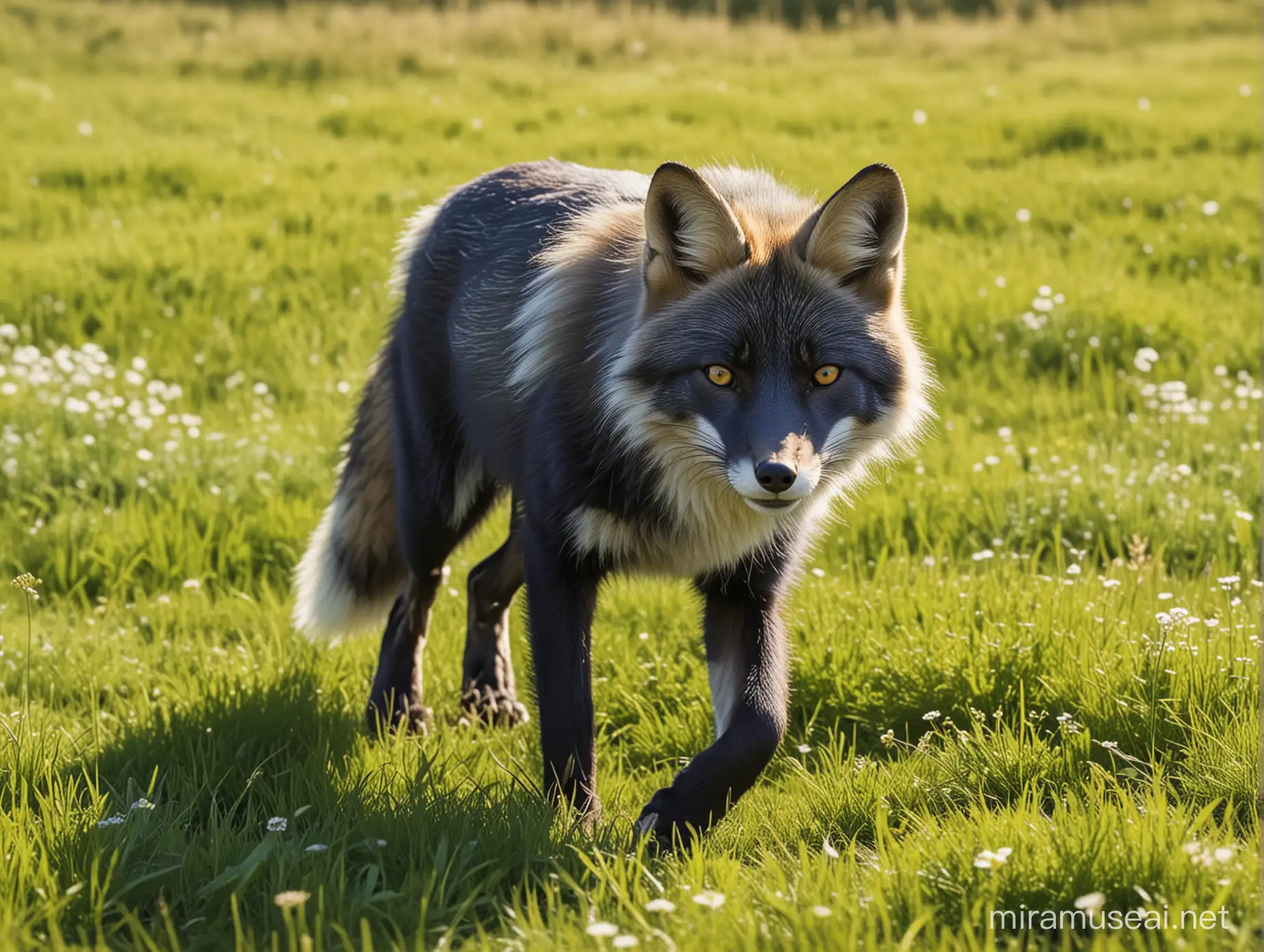 Realistic Navy Blue Fox Walking on Green Meadow in Sunny Day