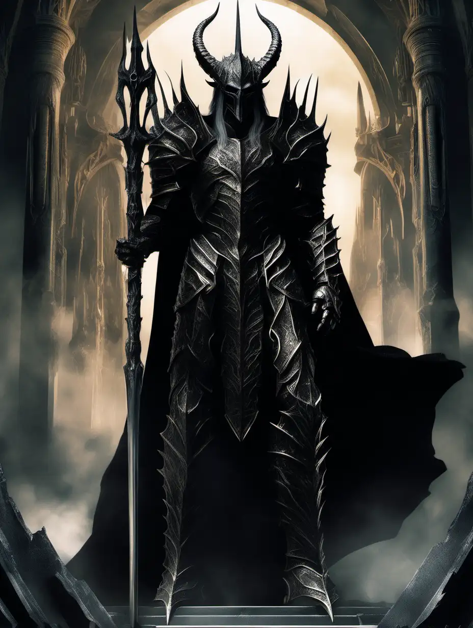 An image of sauron, he is wearing black armour, a horned helmet and is holding a mace, his armour is a deep black, his mace is big and menacing, he is standing in a throne room, in a detailed fantasy style 