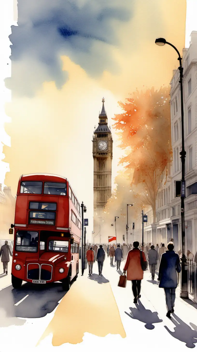 watercolour illustrations, drawing, London, people walking, double deck bus in distance, uk flag, blank  right hand corner, bit of sunlight, warm colours