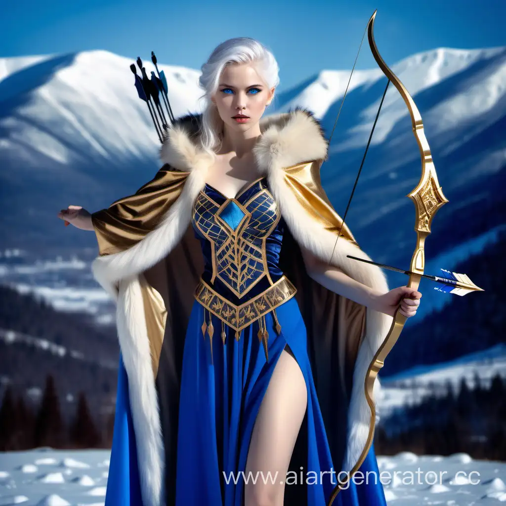 Стройная девушка с белыми волосами и синим цветом глаз, с очень большой грудью,в синей юбке с золотыми узорами по калено, с меховой накидкой держит в руках синий лук и стрелы из льда на фоне снежных гор 