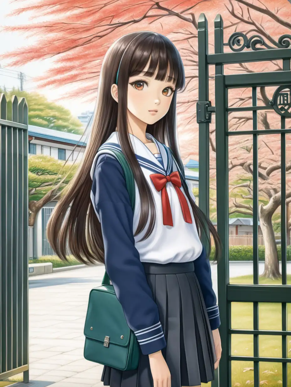 画一个日本青春美少女，有朝气，身材匀称挺拔，长发，穿着校服，在校门口



