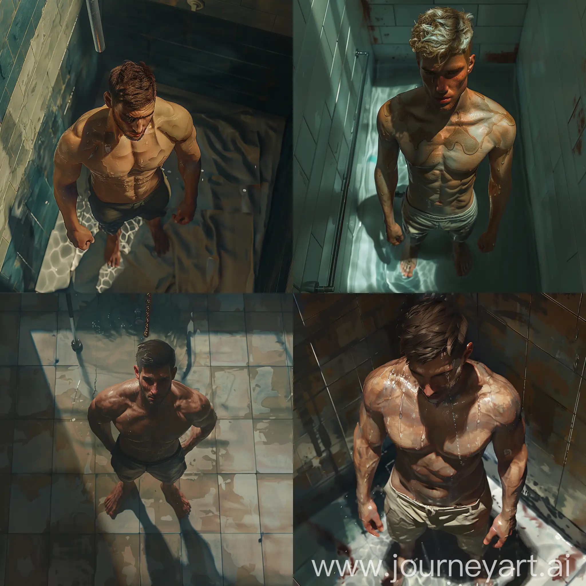 painting in style of H. A. Brendekilde, top-down view full body of A handsome 25 years old Caucasian shirtless and under the shower A Masterpiece, 8k Resolution Artstation, Unreal Engine 5, Cgsociety, Moody,