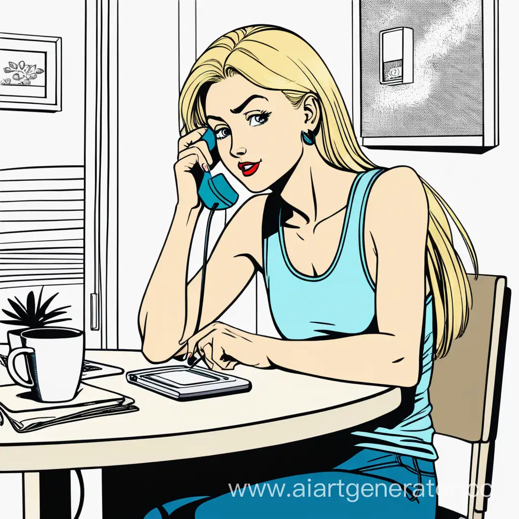 Blonde-Girl-in-Tank-Top-Talking-on-Phone-at-Home-Comic-Style-Image