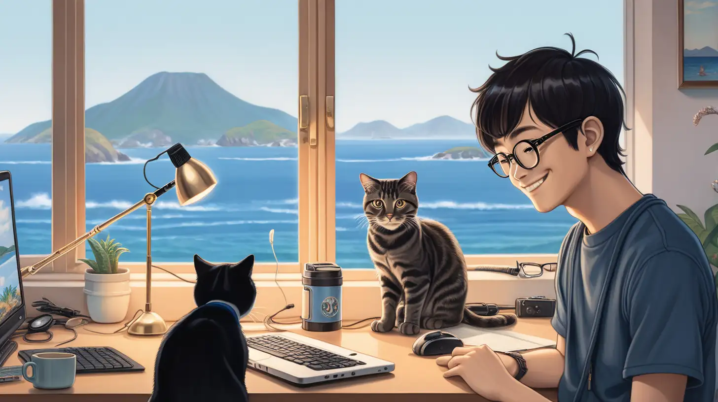 japanese lofi style, a 30-year-old Korean guy smiling having black butch cut hair and wearing glasses. A laptop and a standing microphone on a desk. Two European cats on a window sill. Window with ocean view. Warm.
