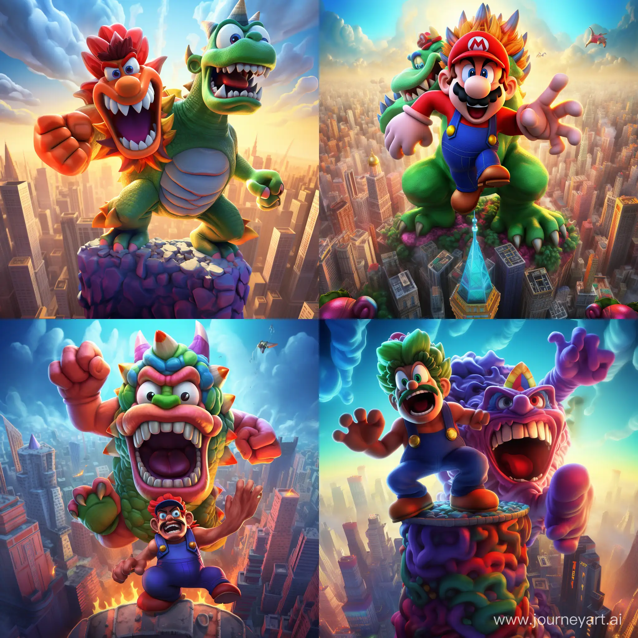 Mario and Luigi standing on top of the empire state building, like monsters in Rampage. They are taking over the world. Realistic art style. Super colorful. 