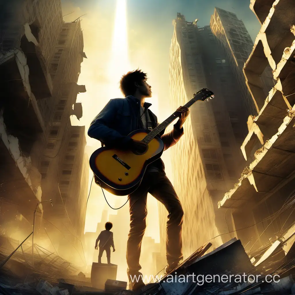 парень с гитарой за спиной поднимаеться вверх по большому источнику света когда вокруг город с розрушением