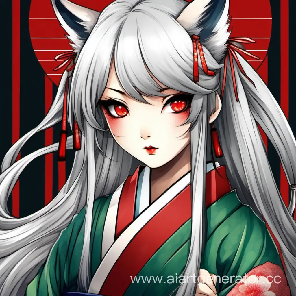 Kitsune's girlfriend. Emerald eyes with vertical pupils. Long straight silver hair, long thick eyelashes, plump red lips, small sharp fangs, two red stripes under the eyes. Traditional Japanese haori.