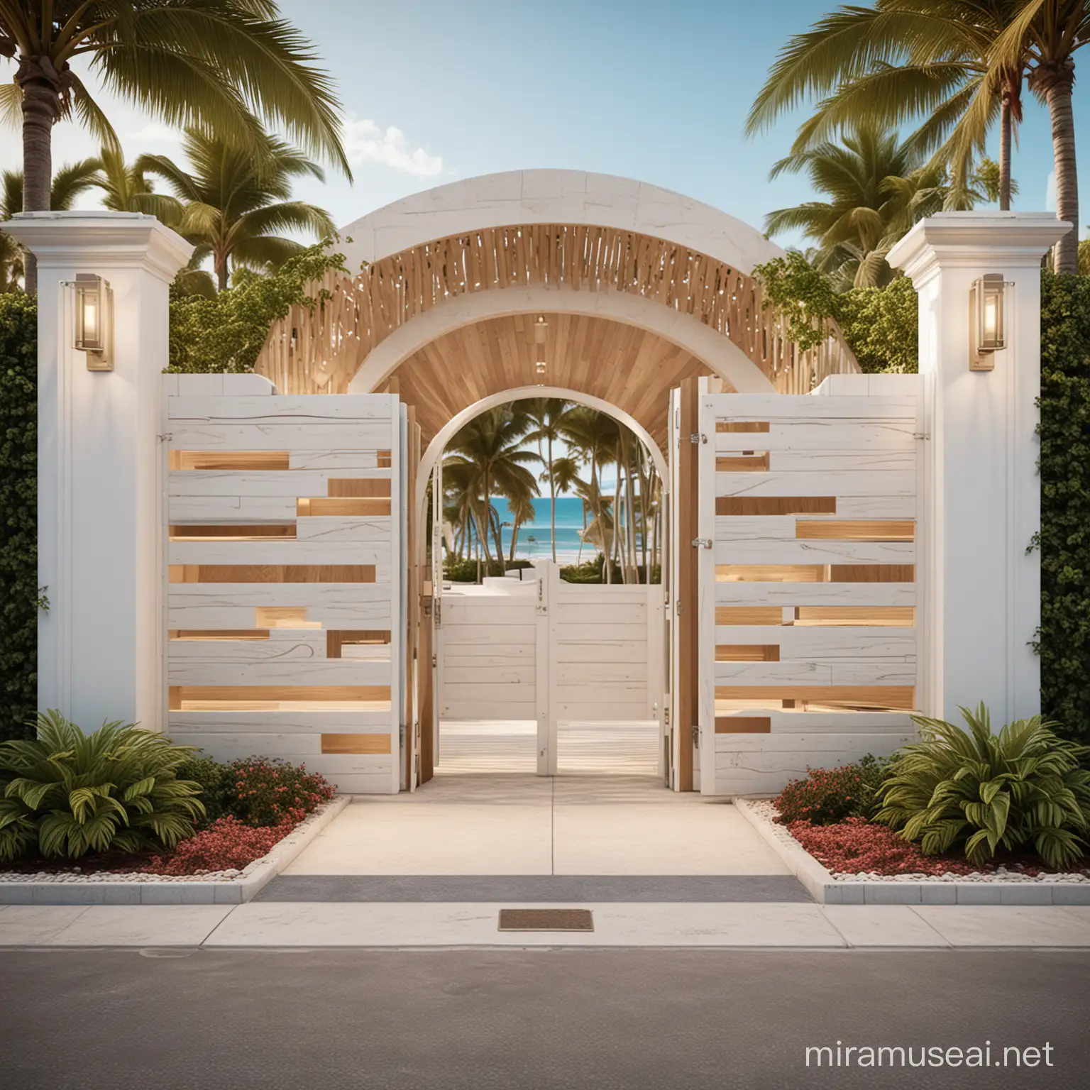 unique luxurious architecture design of a gate of a beach club that has vip lounges using wood strips  and white color textures, lighting  wide , security counter, high detailed , unreal engine, many variations, realistic