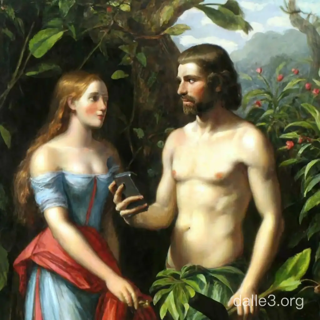 Draw me an artwork of adam and eve, where eve is tempting adam with a smartphone