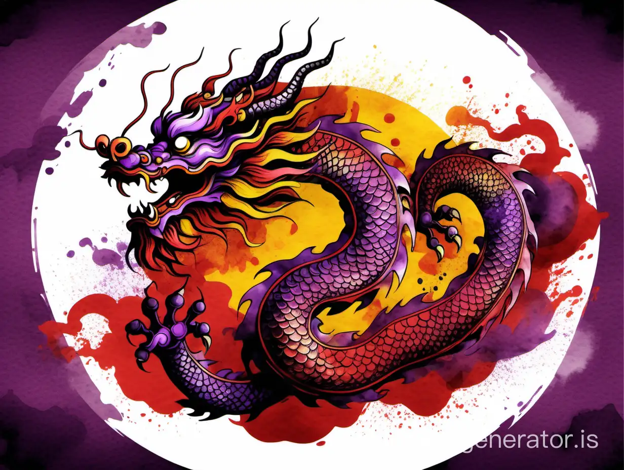 In the style of Chinese Mogu ink stain painting, create a poster of a full image of a Chinese dragon in red, purple and yellow colors