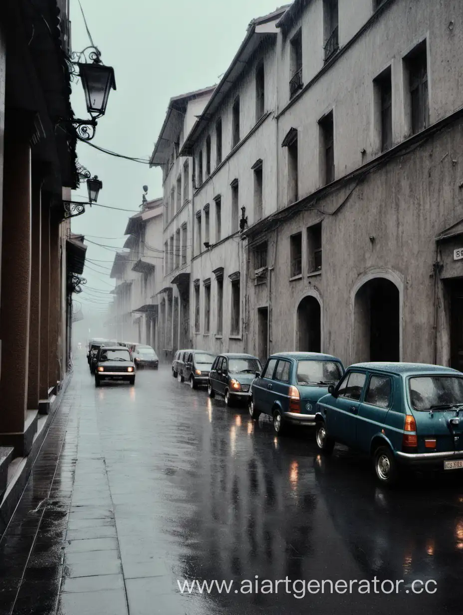 Старинная дождливая улица, на улице припаркованы машины