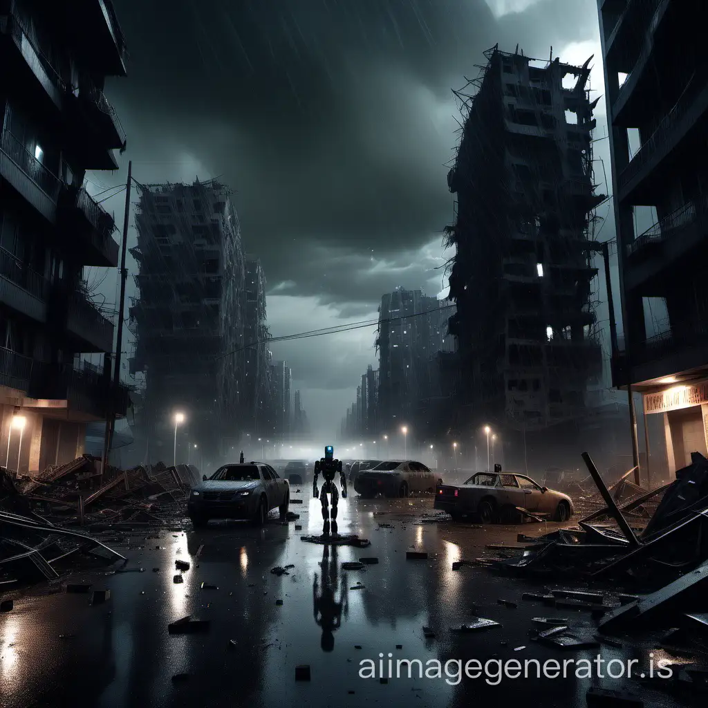 uma cidade destruída por uma guerra entre humanos e robôs  um cenário  assustador a noite e chovendo ultra realista