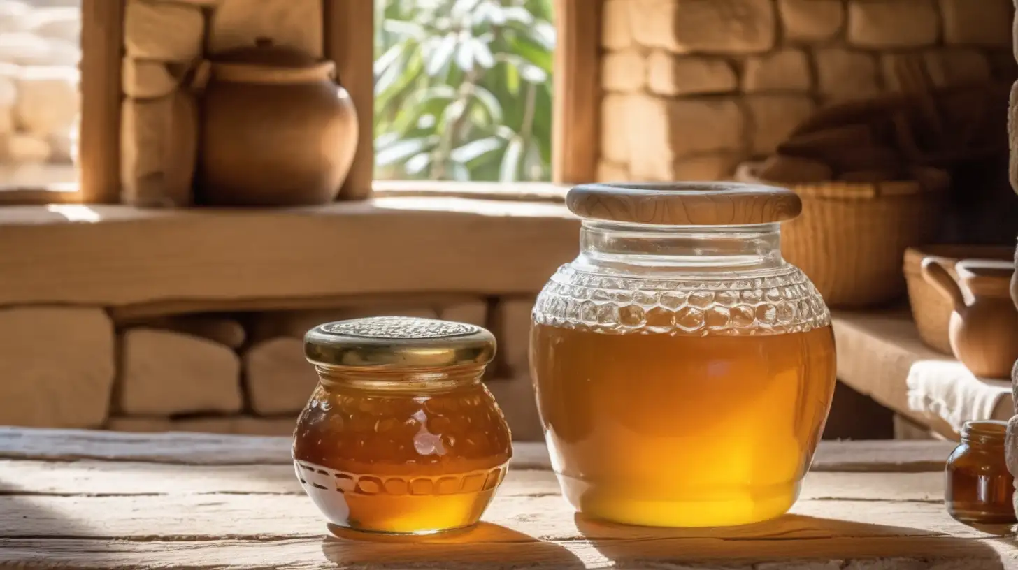 epoque biblique, un pot en verre contenant du levain et un pot en verre contenant du miel, posés sur une table en bois dans la cuisine d'une maison hébreu antique, heure de midi