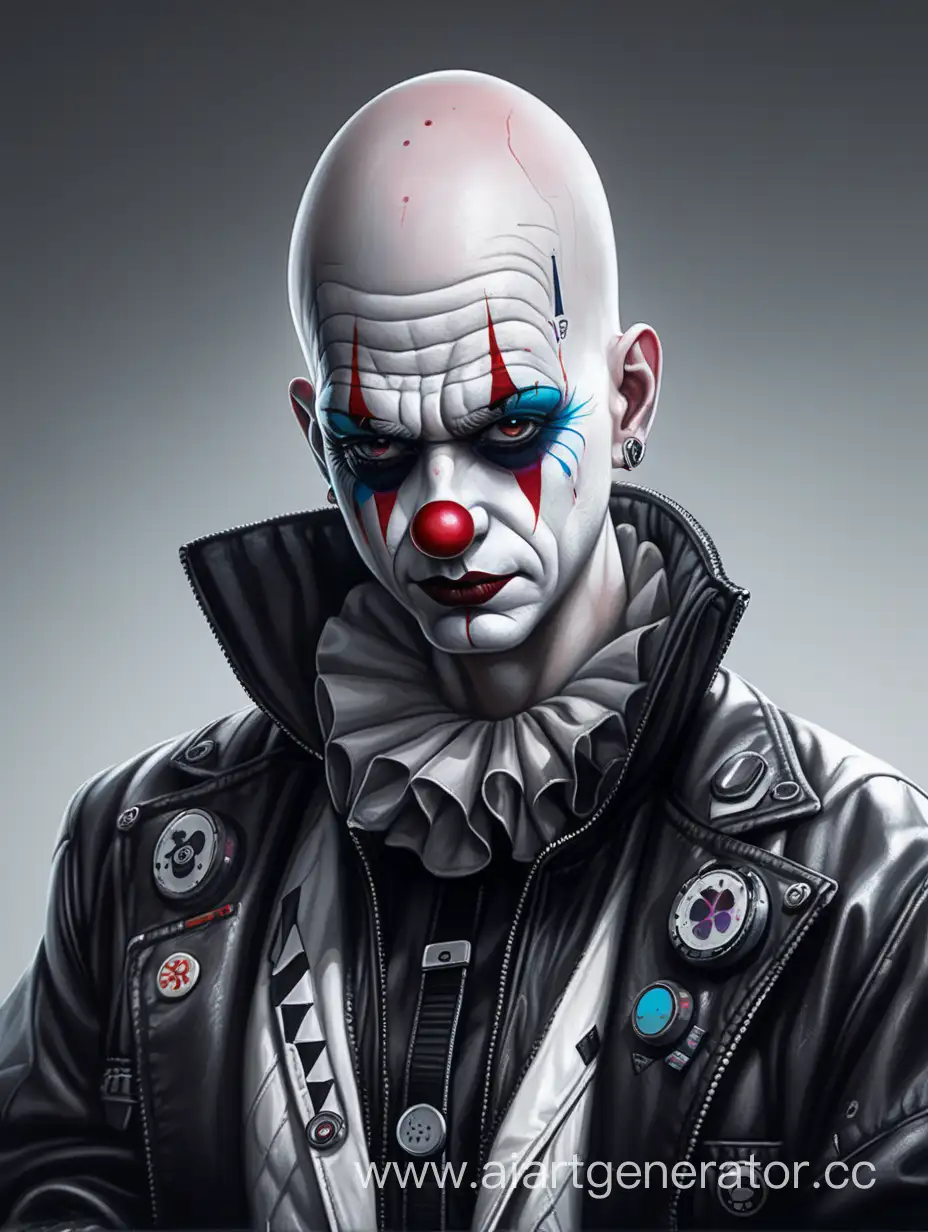 white-black sad bald clown in style cyberpunk