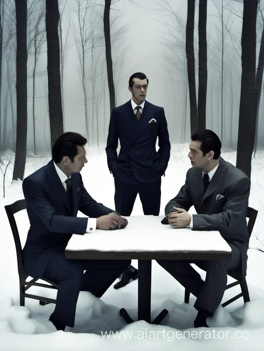 Зимой В лесу За квадратным столом сидят 4 мужчины  в костюмах тройка с неспокойной обстановкой