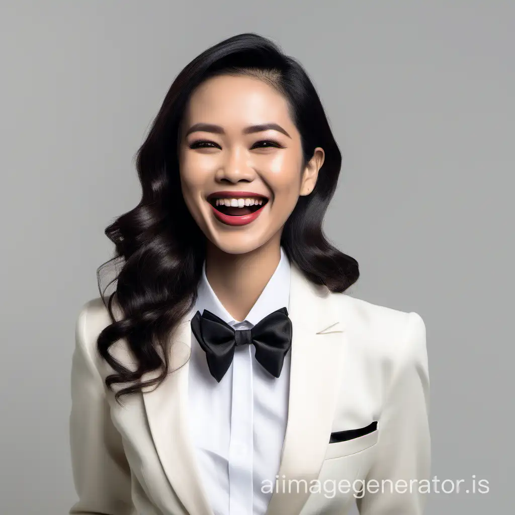 cute and sophisticated and confident malaysian woman with shoulder length hair and  lipstick wearing an ivory tuxedo with a white shirt and a black bow tie, cufflinks, crossing her arms, laughing and smiling