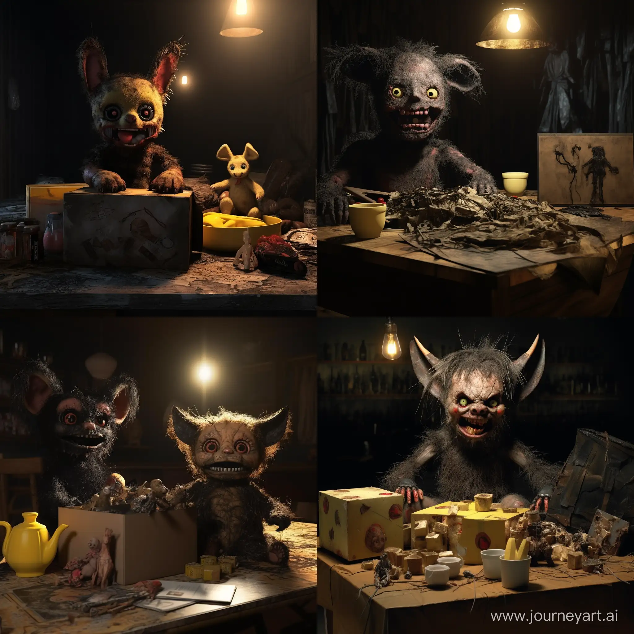 a table, there's an old cardboard box on the table, next to the box is a demon doll, demon: small horns, pig nose, creepy smile, the doll is covered with black fur, the eyes are yellow and shiny, stuffed animal toys sit around the doll, hyper realism, 8K image quality, ultra detail 