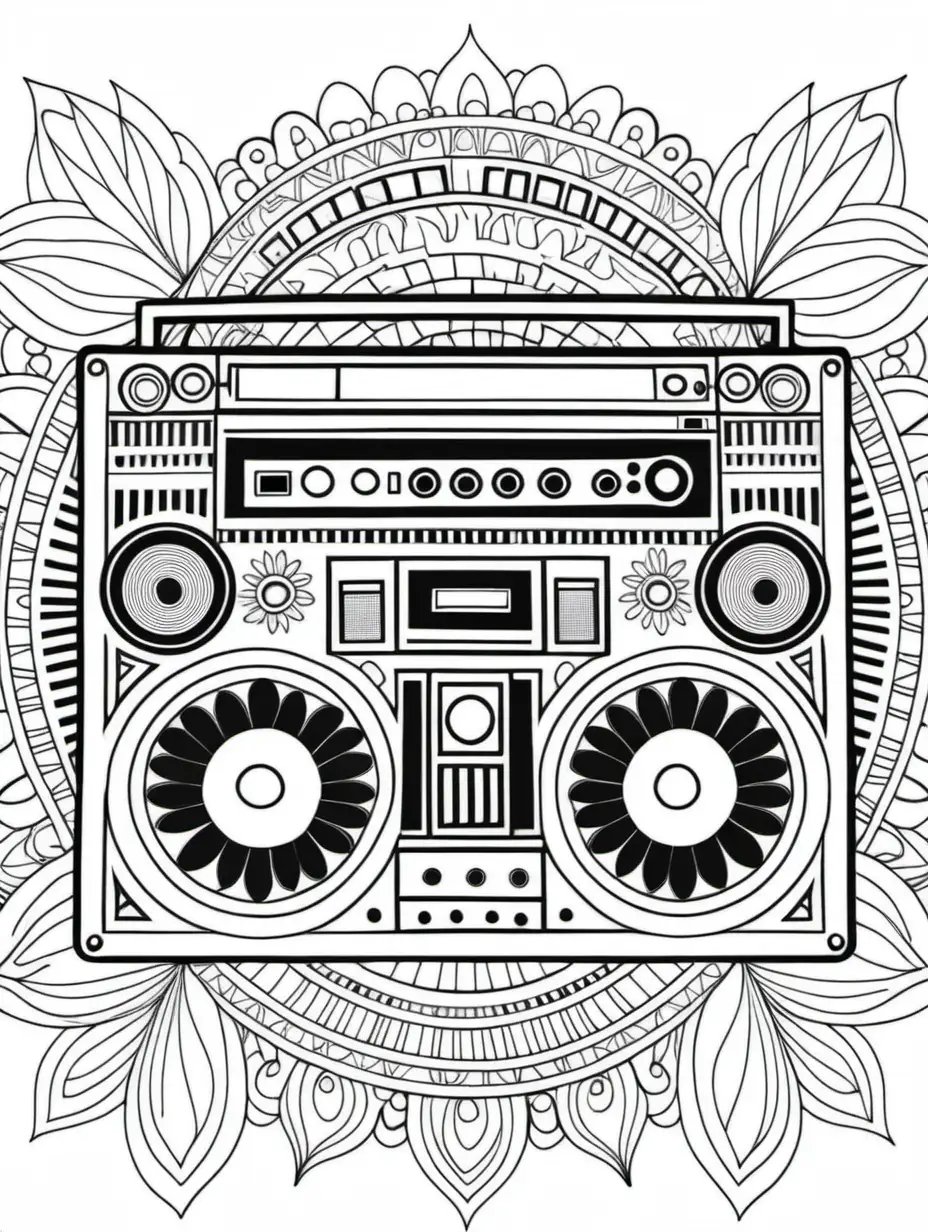 adult coloring book, clean black and white, single line, mandala in the shape of a boombox