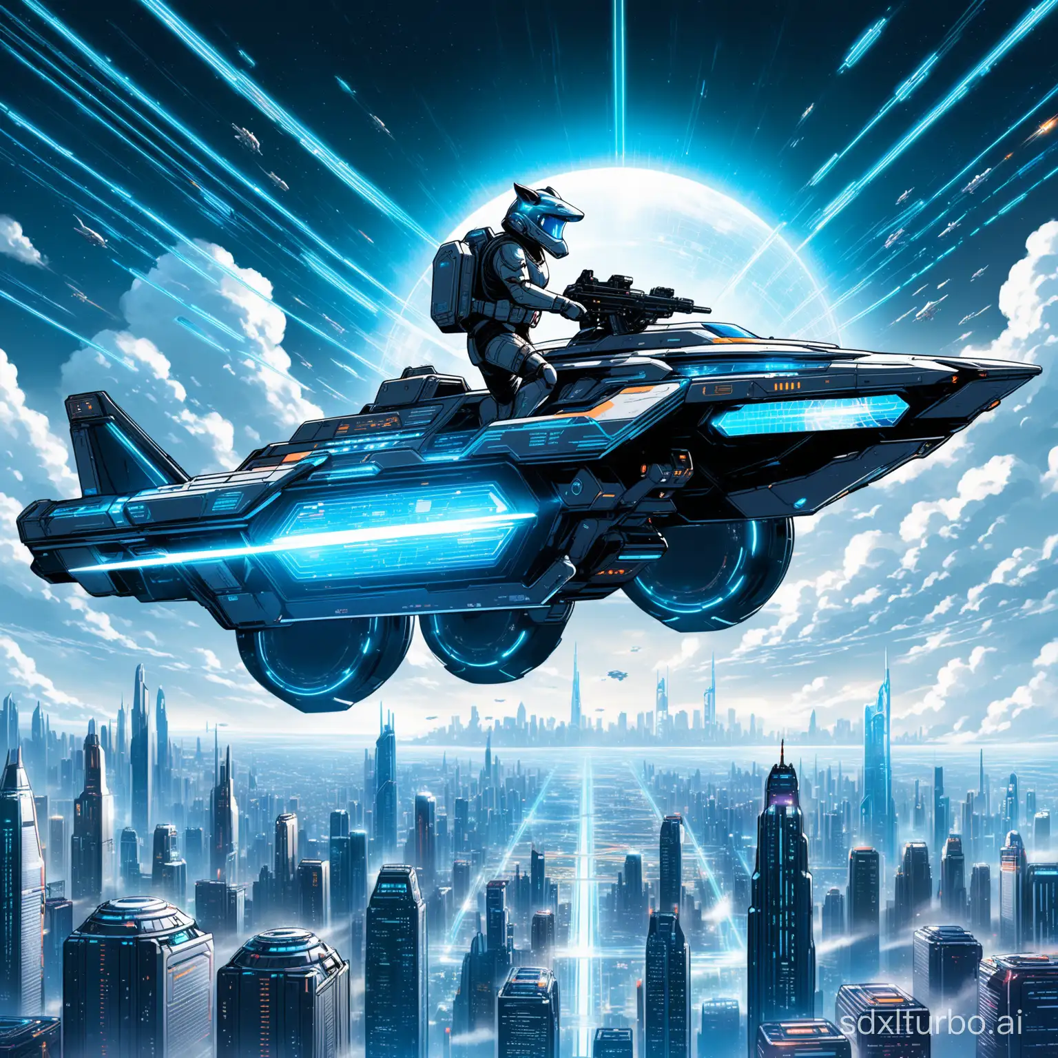 "Create a detailed futuristic sci-fi scene featuring a dog in high-tech armor flying above a city skyline. The dog is mounted on a uniquely designed high-speed vehicle, decorated with LED strips and dynamic energy patterns, with a plasma thruster at the rear emitting a dazzling blue flame. The armor is equipped with a mini-reactor and advanced defense systems, and the helmet's HUD displays real-time flight data and environmental scans. The dog holds a futuristic laser rifle, ready for any potential threats. The background showcases a city skyline filled with futuristic technology, where skyscrapers with glass facades reflect the light from the sky, and air traffic is bustling with various vehicles zipping through the clouds, some adorned with ad projections and holographic signage. The overall color scheme is dominated by cool tones, with vibrant colors used in certain details to highlight tech elements and dynamic effects."