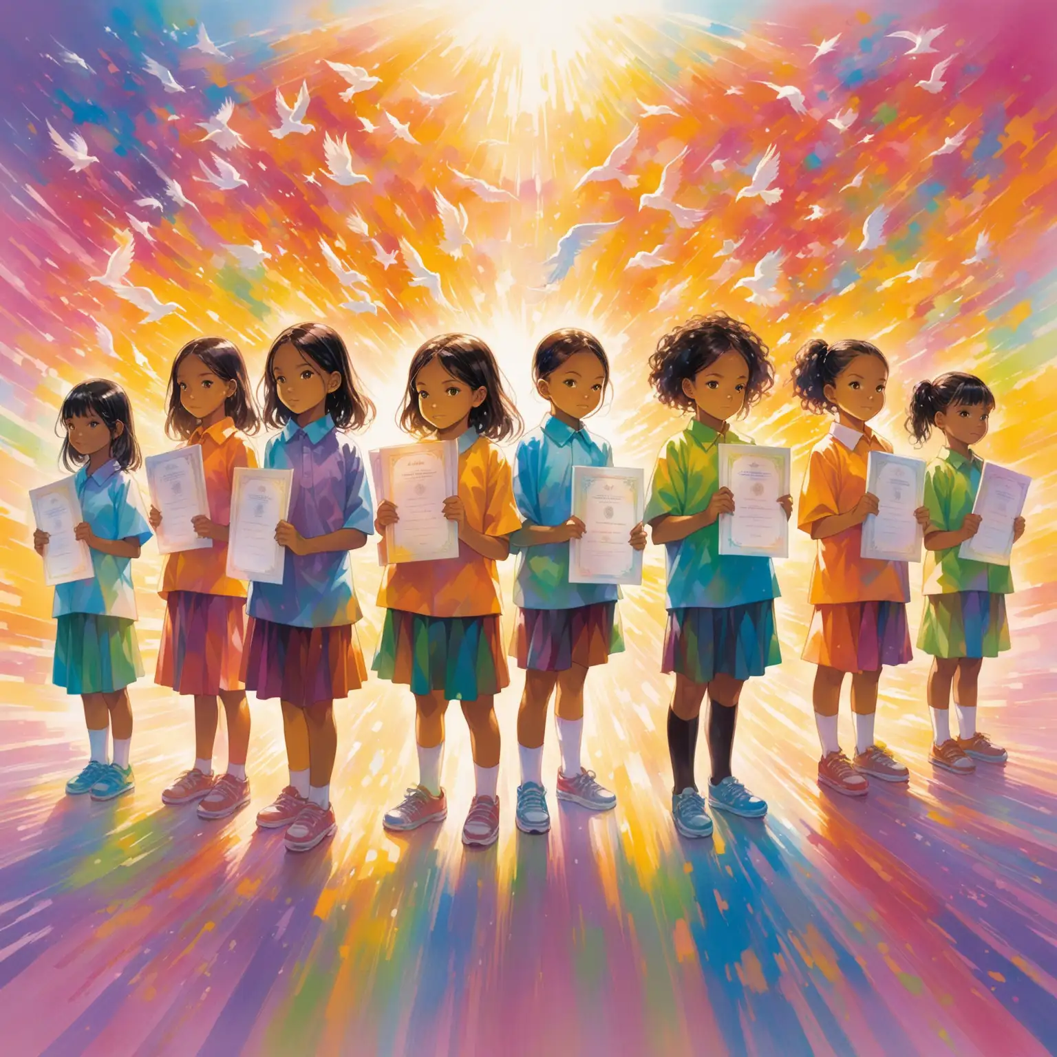 12-year-old children of mixed ethnicities holding diplomas and standing amidst dynamic brushstrokes featuring ethereal figures
mix with a David Carson Style 