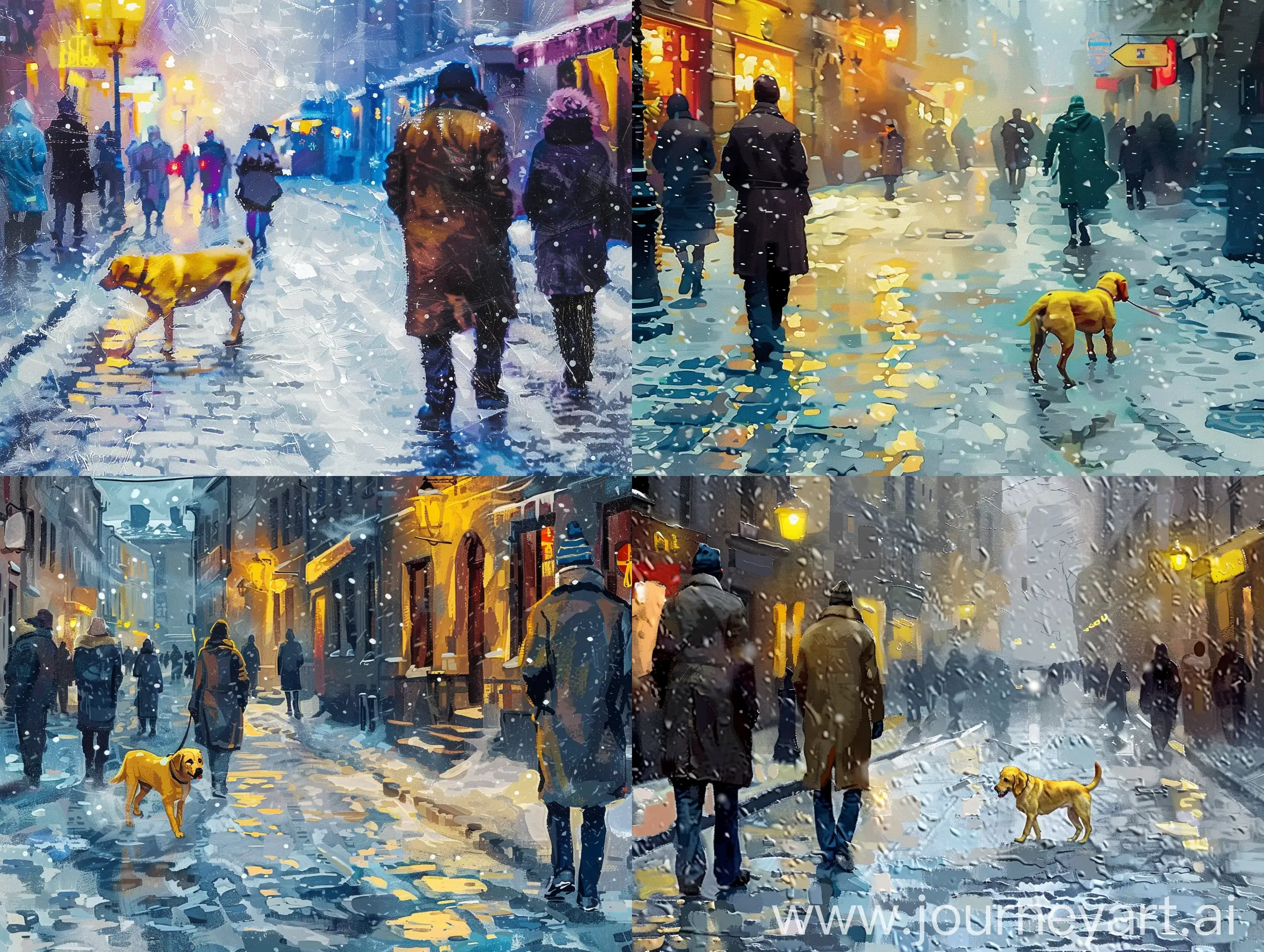 snowy weather, icy cobblestones, people walking in coats, a yellow dog on the street, cinematic lights and colors, painting, embossed painting style