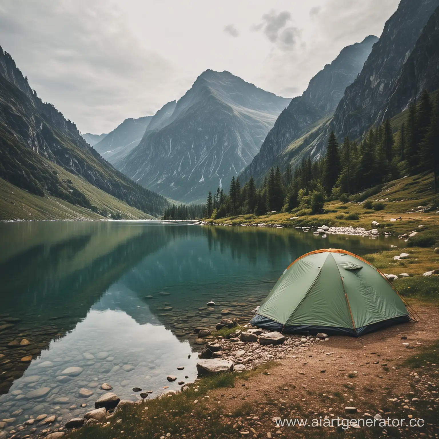 Mountain-Camping-Tent-Overlooking-Serene-Waters