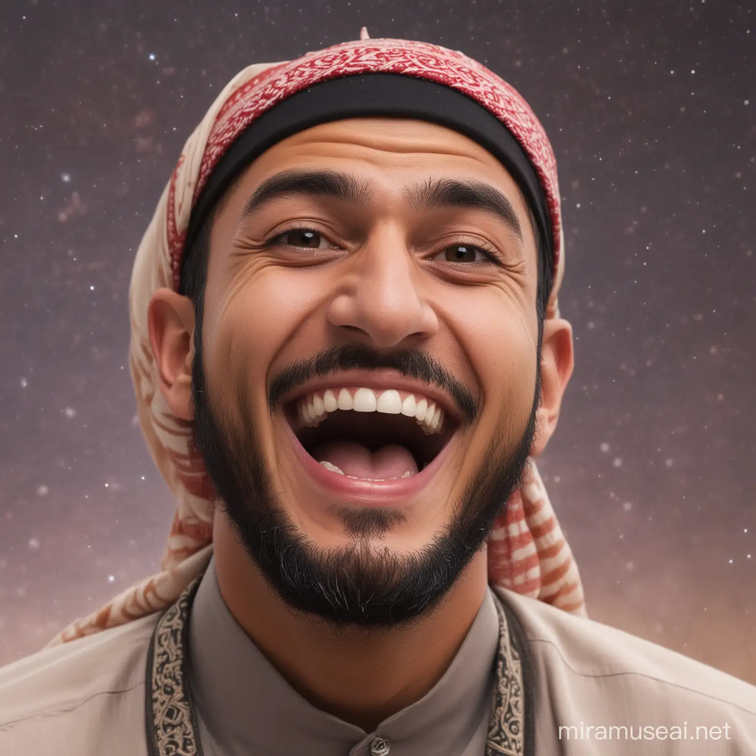 Muslim man laughing extremely hilariously out of the universe 