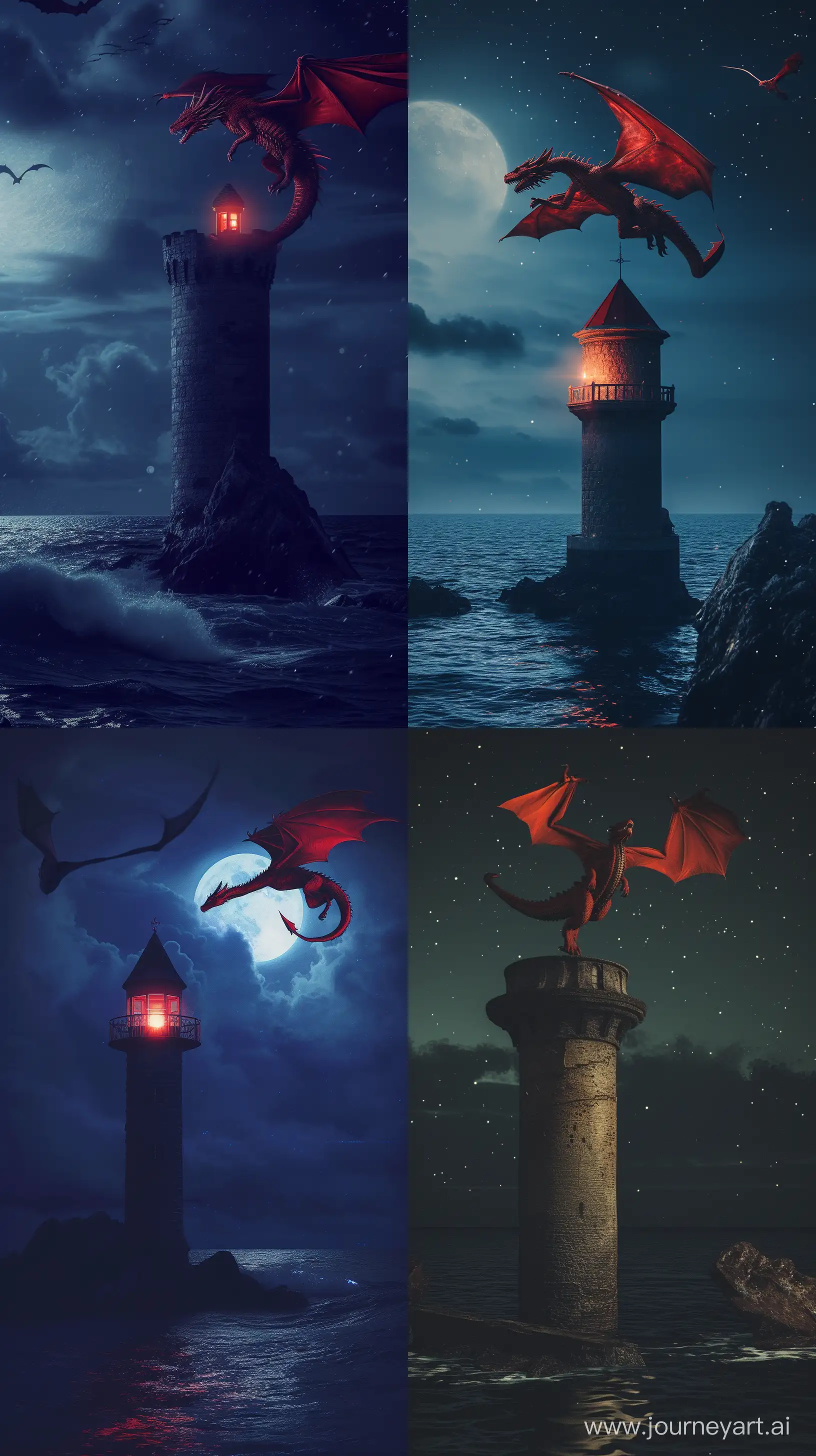 Majestic-Red-Dragon-Soaring-Around-Seaside-Tower-at-Night