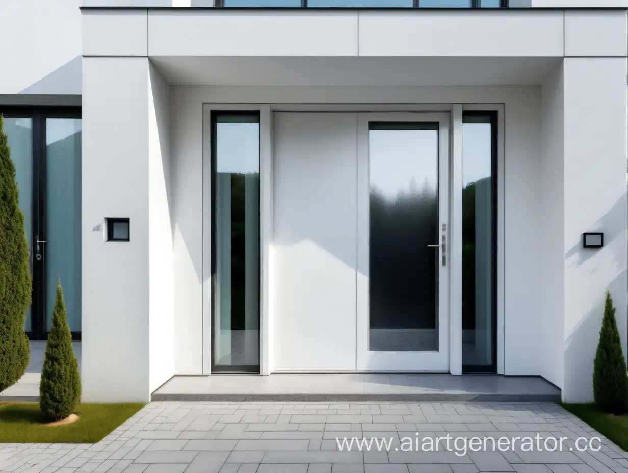 современная бронированная входная  белая дверь в дом  в  стиле модерн , видно двор рядом. детализированное реалистичное фото
