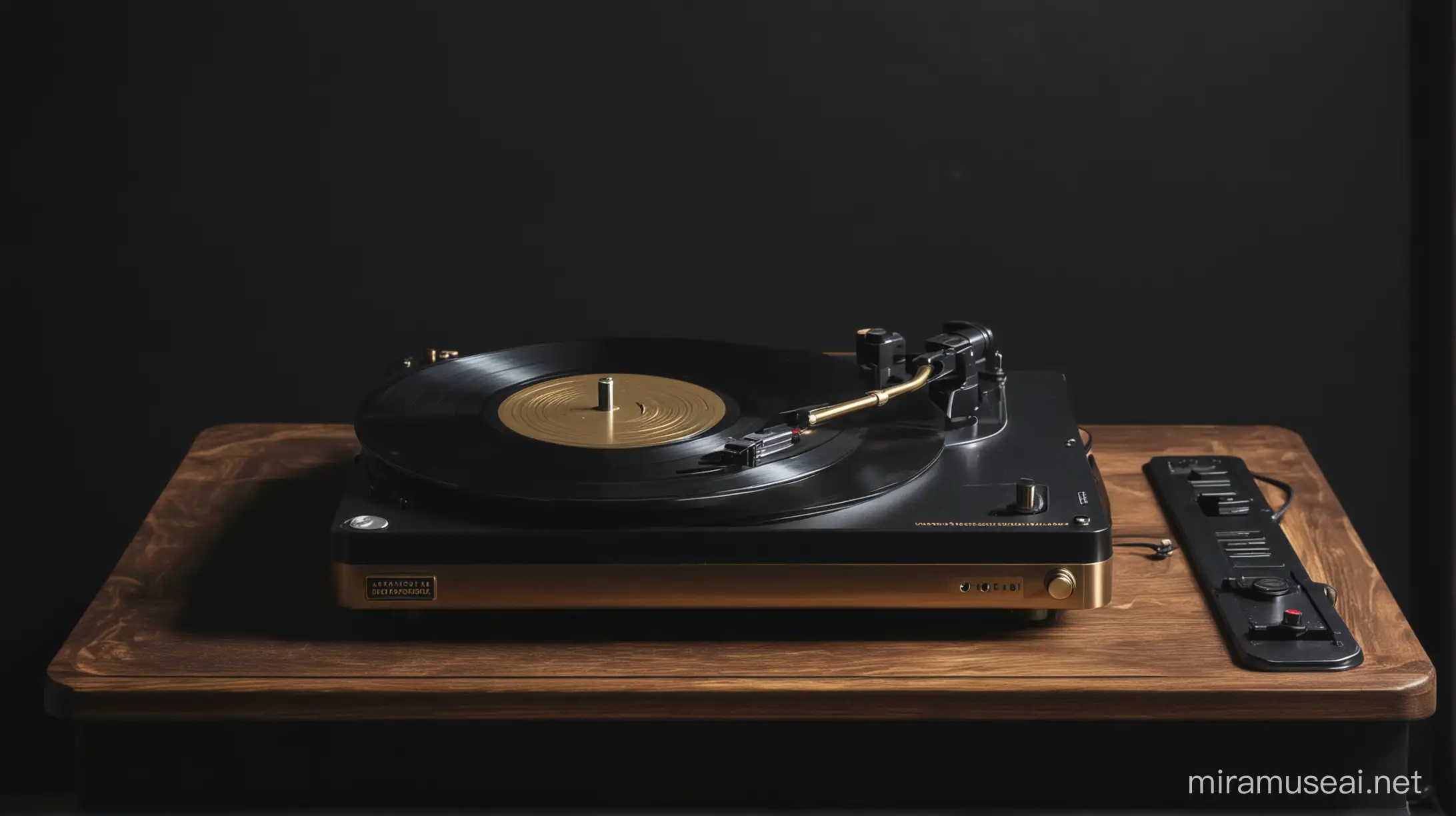 black and gold record player on table in dark room