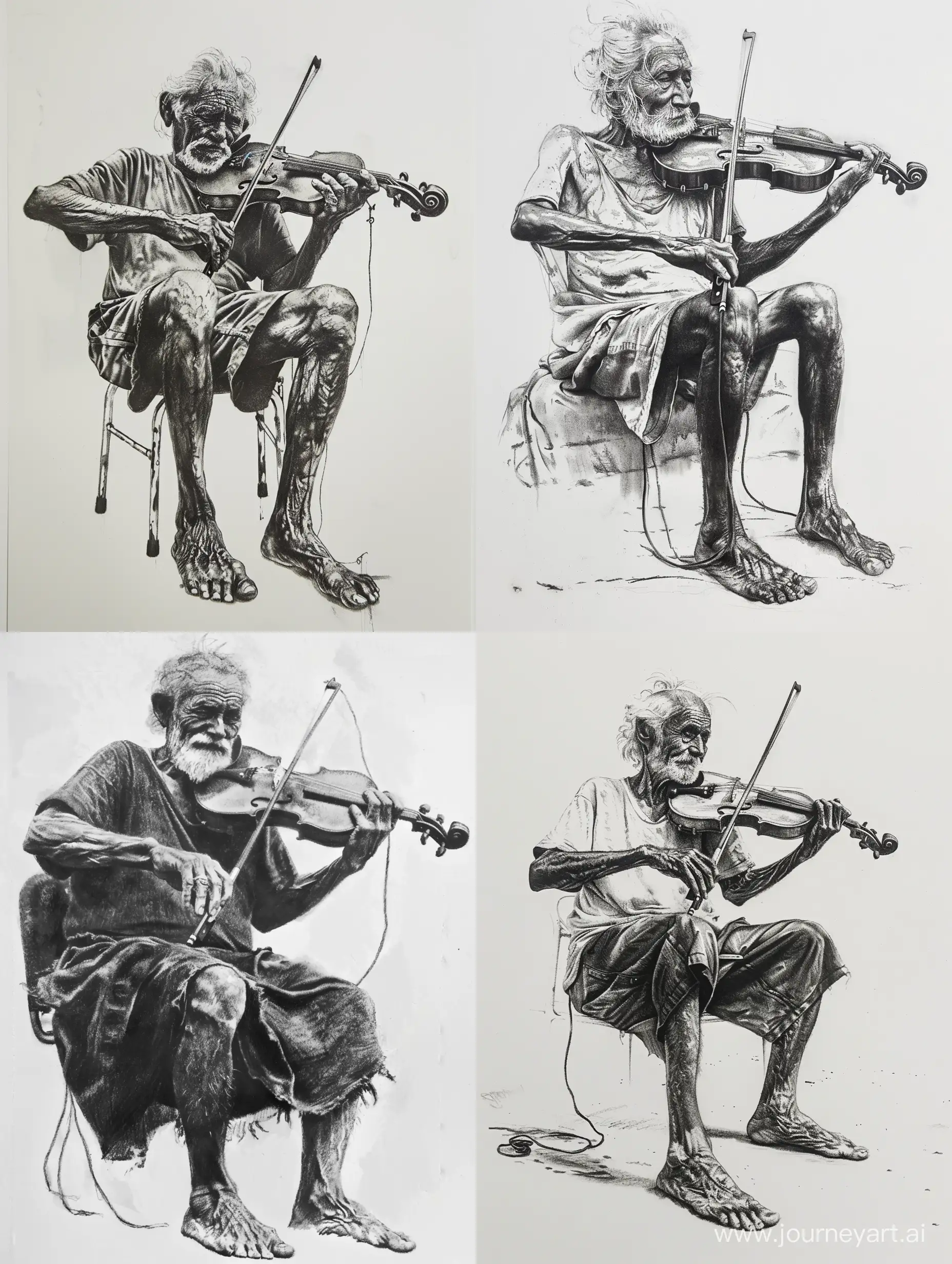 Рисунок углем на белой бумаге старик скрипач играет на скрипке. Босые ноги, бедная одежда. Ретро, винтаж