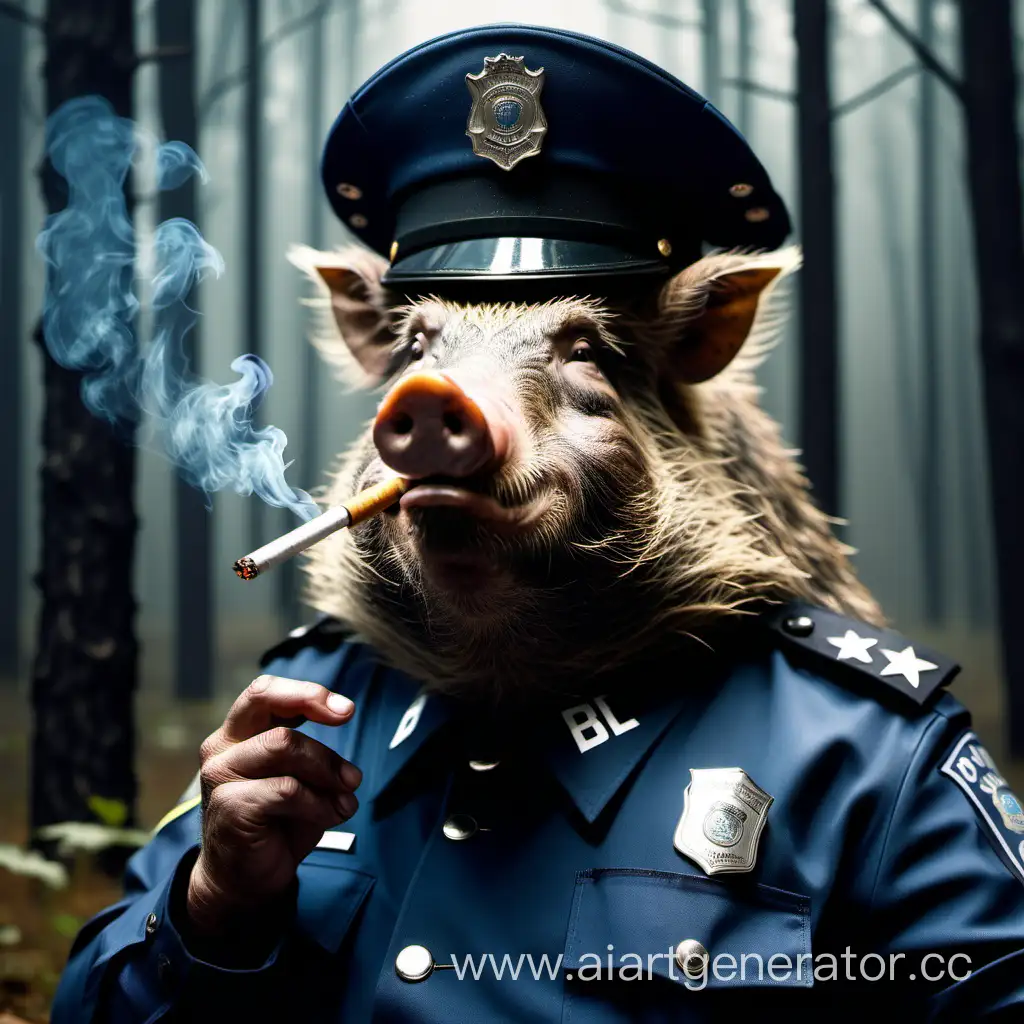 лесной кабан курит сигару в форме милиции