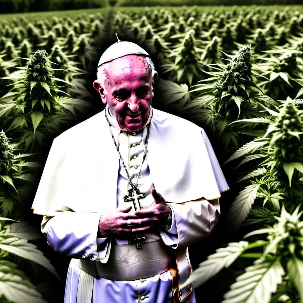 Black Pope in White Attire Surrounded by Marijuana Fields