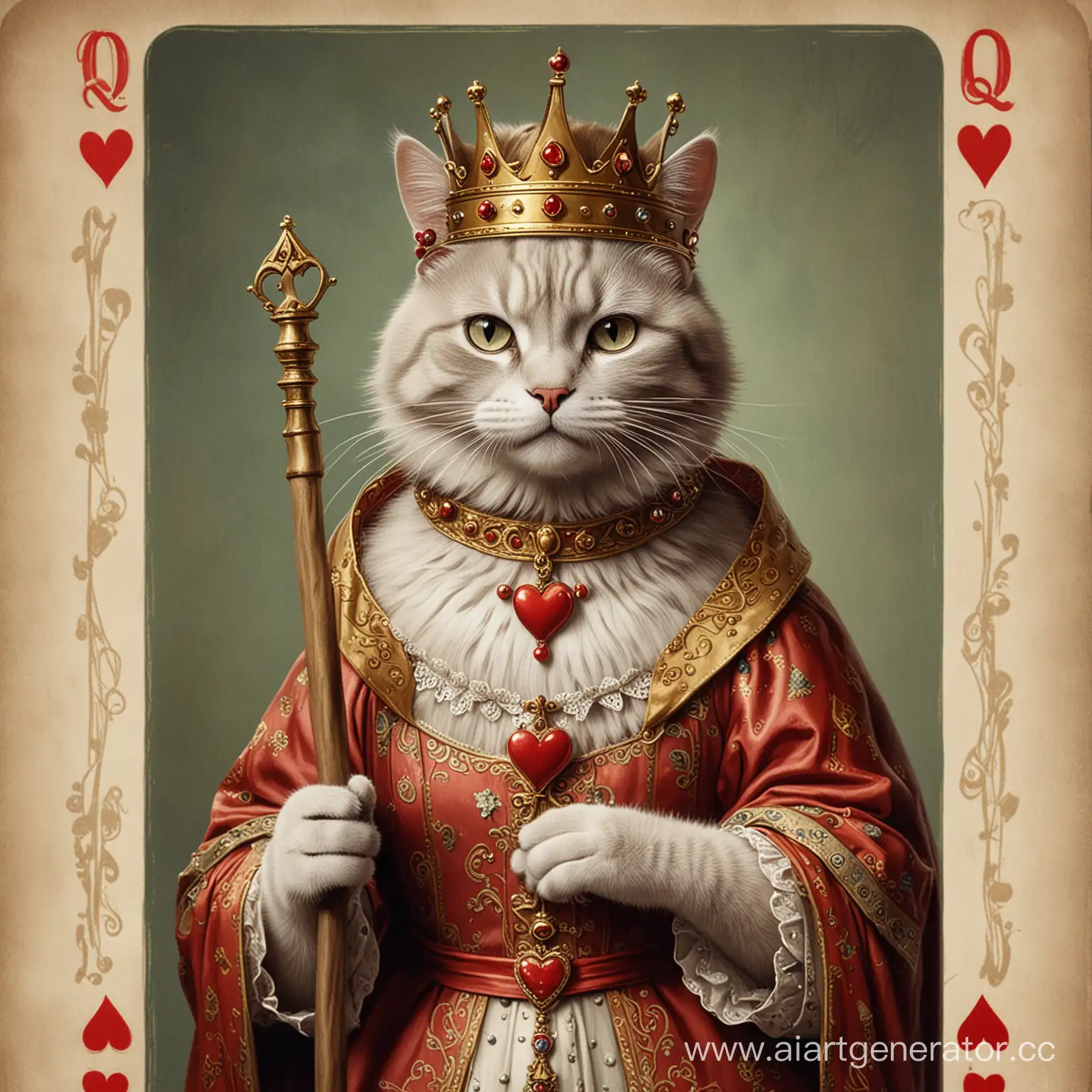 The queen of hearts playing card.
The cat is holding a staff. She has a crown on her head.