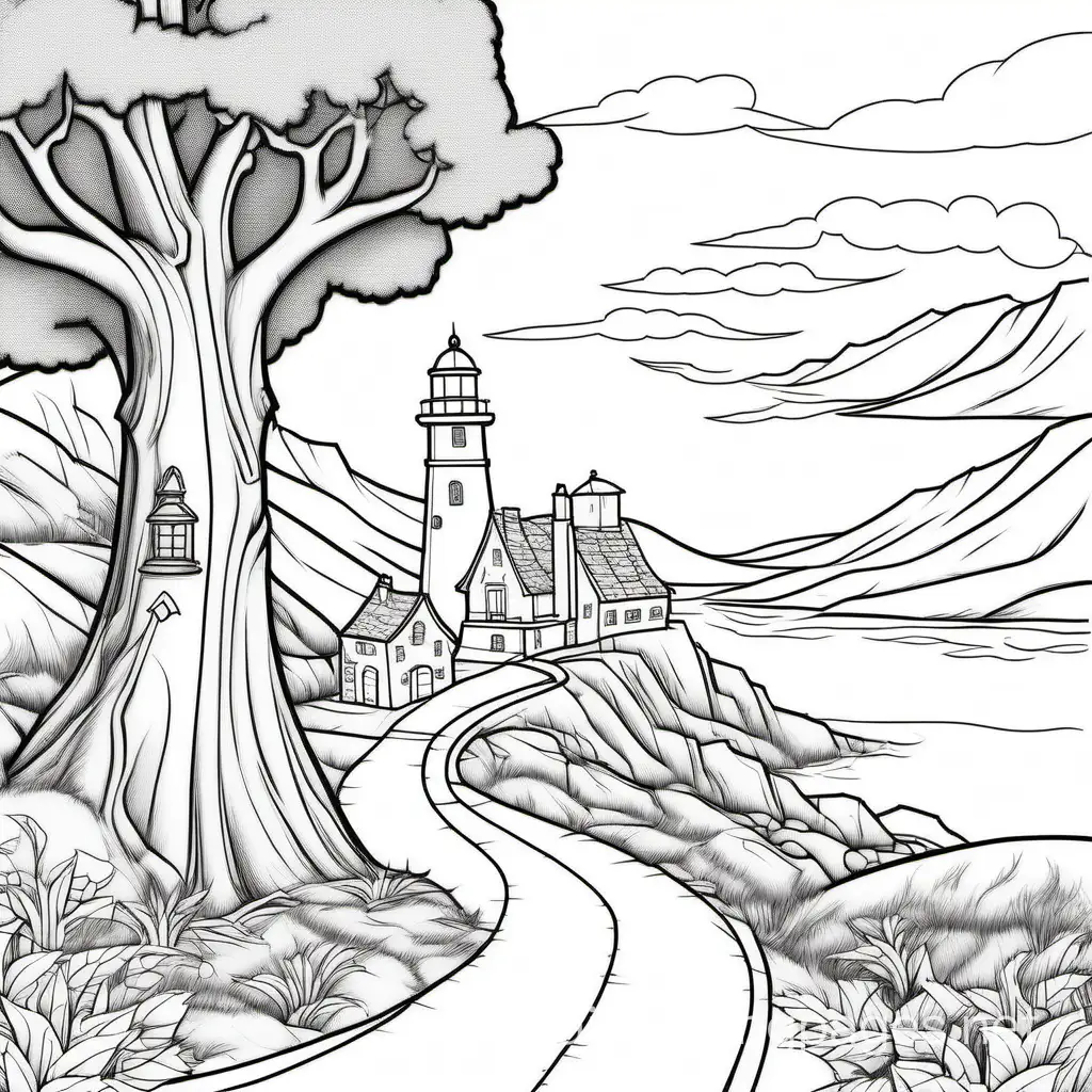 a medieval realm with a road alongside a tree, lighthouse, Coloring Page, black and white, line art, white background, Simplicity, Ample White Space. The background of the coloring page is plain white to make it easy for young children to color within the lines. The outlines of all the subjects are easy to distinguish, making it simple for kids to color without too much difficulty