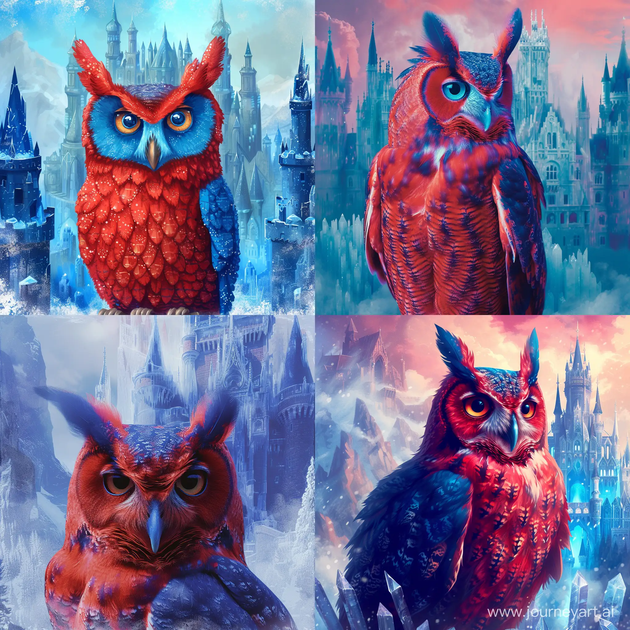 Majestic-Red-and-Blue-Owl-Perched-by-Crystal-Castle