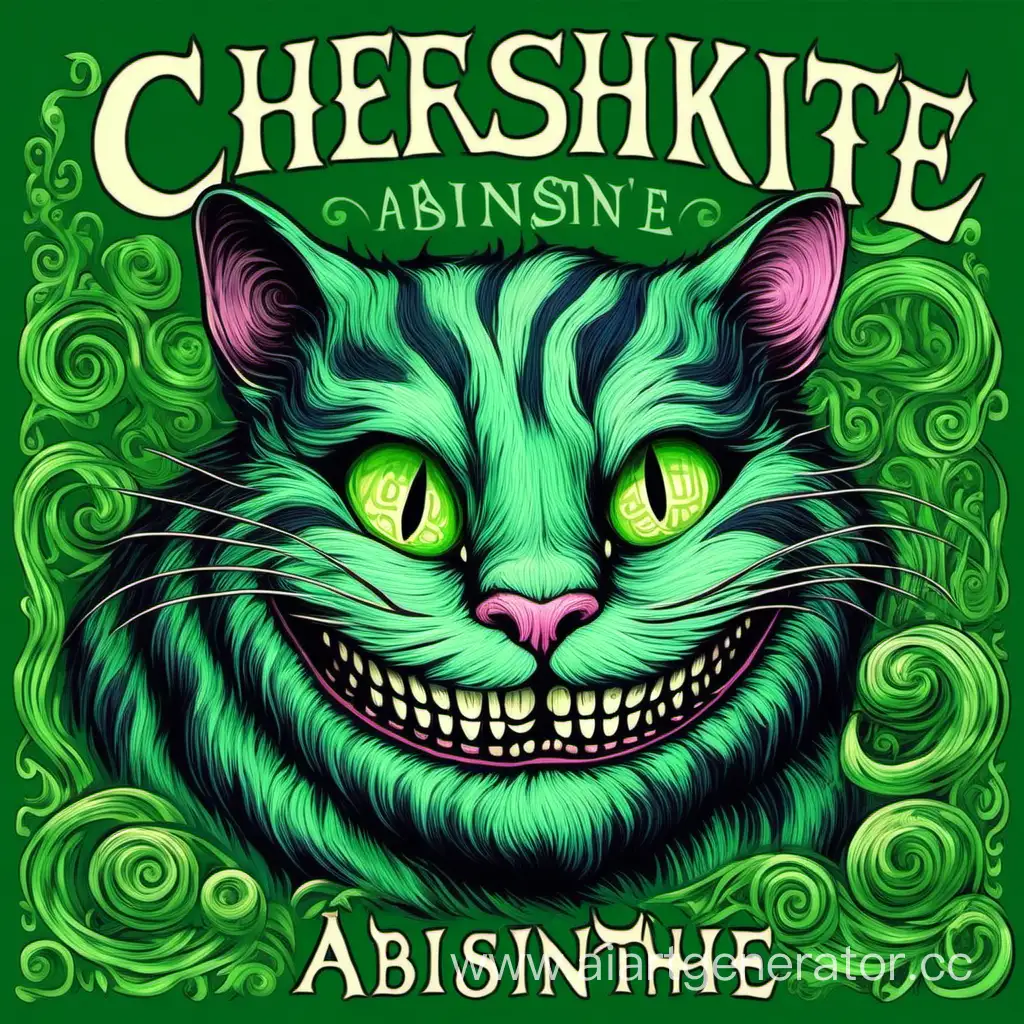 Cheshire-Cat-in-Van-Gogh-Style-on-Green-Background-with-Absinthe-Inscription